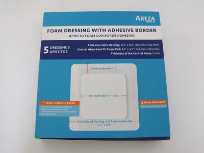 AREZA MEDICAL Foam Wound Dressing w/ Adhesive Borders (6.5'' x 6.5'') Box of 5