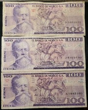 Mexico Lot Of Three 100 Pesos Banknotes 1979, 1981, And 1982 Historic Carranza!