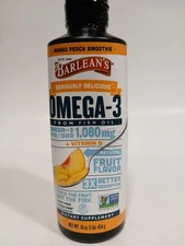 Barlean's Mango Peach Omega 3 Fish Oil Liquid Supplement Vitamin D 1080mg 7/25 