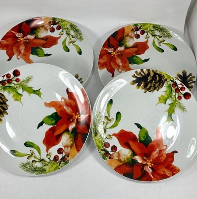 Fitz and Floyd Holiday Home Poinsetta 10.5'' Dinner Plates Set of 4 NWOT..  RARE