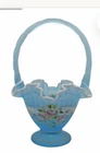 FENTON Basket From Charleston Collection 2002 Floral Blue Satin Glass Signed