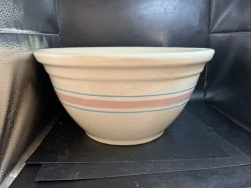 Vintage McCoy Mixing Bowl With Pink & Blue Stripe Bands 12” Made in USA.     17b