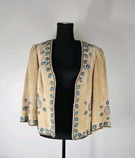 Vintage Adrienne Landau Leather Jacket Faux Torquoise Sead Bead Jacket Size M