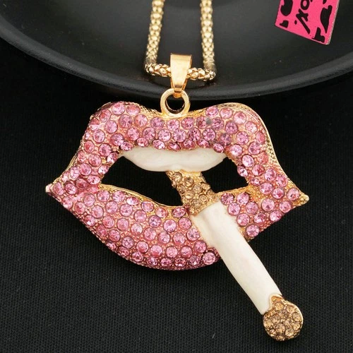 New Fashion Women Pink Girl Sexy Crystal Lips Cigarette Sweater Chain Necklace