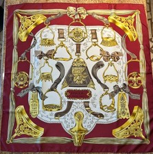 Vintage Hermes Etriers Silk Scarf Crimson and Gold by Fran oise de la Perriere