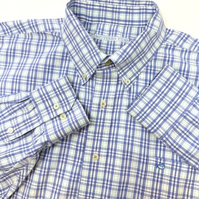 Southern Tide Mens XXL Blue White Plaid Stretch Cotton Button Down Shirt