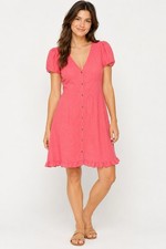 Loft Short Sleeve Button Down Mini Dress Women 14 Coral V-neck Ruffle Hem