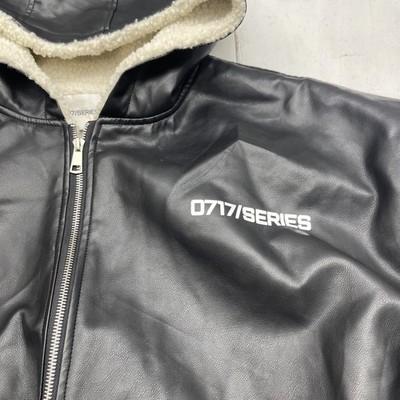 0717/SERIES Jacket Mens Medium Black Faux Leather Hooded Sherpa