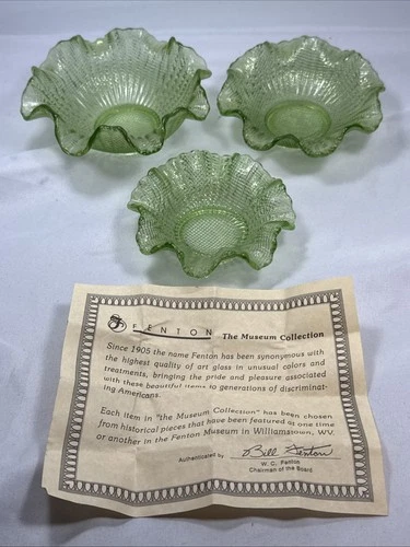 Fenton Green Opalescent Basketweave & Rib Bowls (Set of 3) w/ Museum Certificate