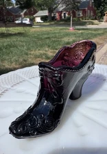 VTG Mosser Amethyst Purple Art Glass Shoe Slipper w/Scroll Design & Bow 2 1/2"