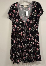 Urban Outfitter Women Floral Tier Babydoll Shirt Dress Sz M Black Button Front