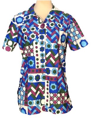 Vintage 1970s Mod Long Sleeve Dagger Collar Button Shirt Women Psychedelic Disco