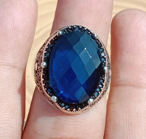 Crown Style Ottoman Turkish Men's Ring Blue Quartz 925 Sterling Silver Jewelry - Picture 3 of 10