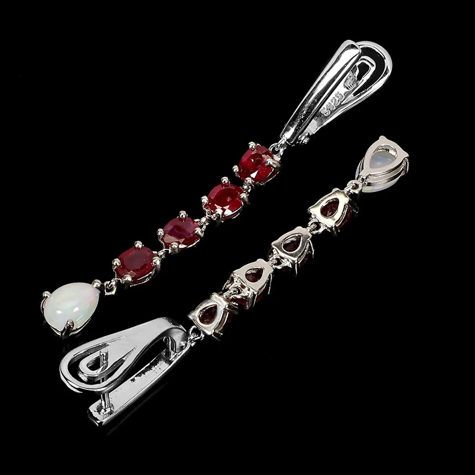 Orecchini In Argento Sterling 925 Con Opale A Pera 7x5mm E Gemma Di Rubino - Immagine 3 di 4
