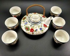 Japanese Ceramic Teapot Retro Blue Red Flowers Peony Macaw Parrot Bird Bamboo