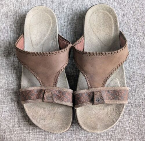 MERRELL SANDALS 9 BROWN T STRAP SLIDES SLIP ON SHOES FAUX LEATHER SPORTY TREAD - Picture 2 of 6