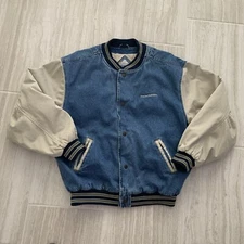 Gear For Sports Denim Jean & Beige Bomber Stadium Jacket Quilted Snaps Size Lg