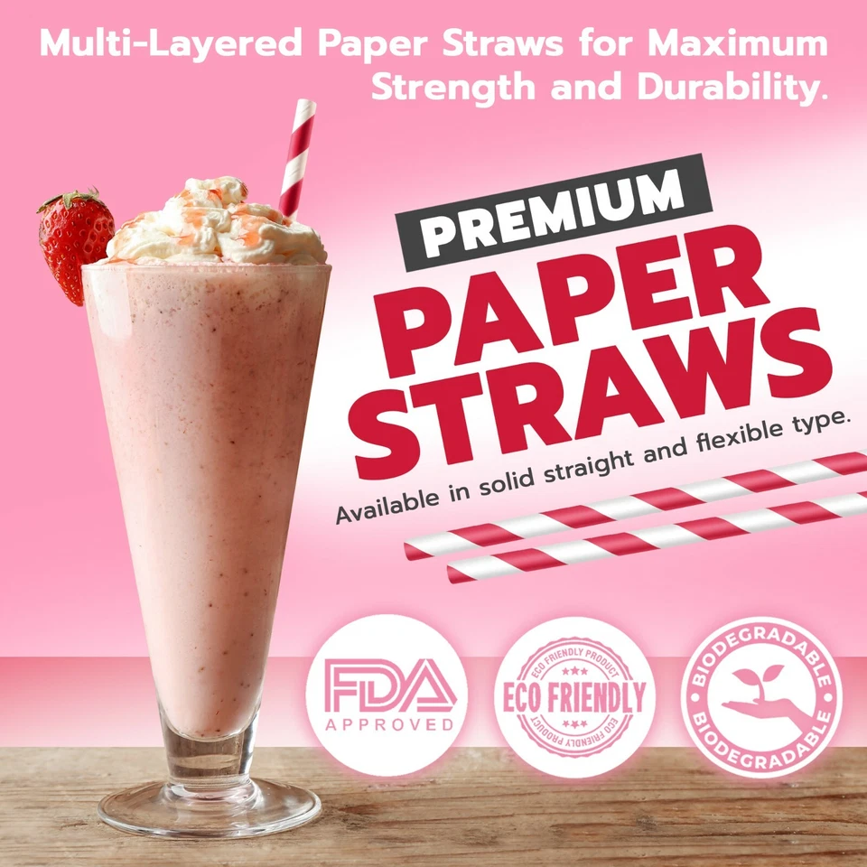 250 pajitas de batido de té Boba a rayas rojas y blancas de papel de 8,5 pulgadas Foto 2 de 4
