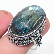 Natural Labradorite Gemstone 925 Sterling Silver Jewelry Ring Size 9 US 