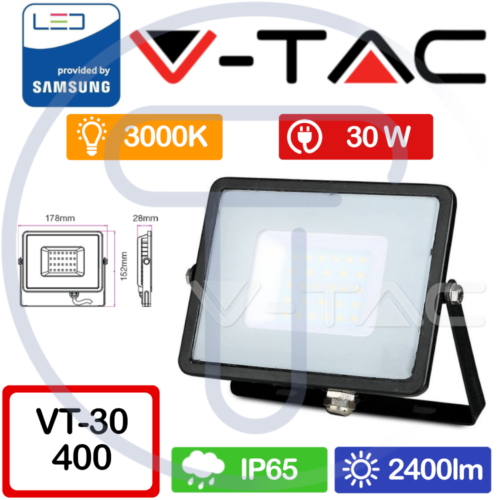 V-TAC PRO VT-30 400 Spot LED SMD Samsung Chip 30W Noir 3000K IP65 Extérieur - Photo 1/12
