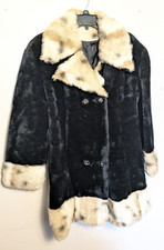 Vintage 1970's Black Faux Fur Ladies Winter Coat Pointed Collar 2 Buttons Medium
