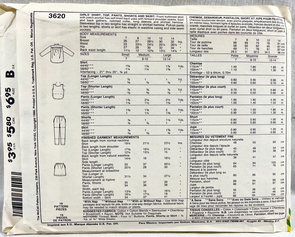 1988 McCalls Sewing Pattern 3620 Girls Shirt Top Pants Shorts Skirt Sz ...
