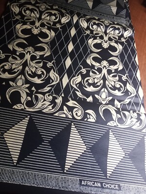 AFRICAN Choice FABRIC~WAX MOTIF 100% quality ~2 YARDS ''72'' x 46'' Ivory/Navy