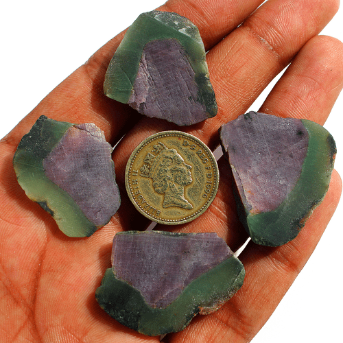 4 Pcs Natural Watermelon Ruby Matching 28.8mm-35mm Rough Slice Loose Gemstones - Picture 5 of 13