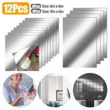 12Pcs 2-Size Self Adhesive Mirror Sheets Reflective Wall Sticker Film Home Decor