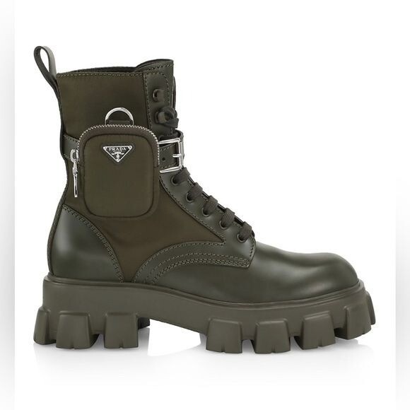 Prada Monolith Lug-Sole Leather Combat Boots Black Monolith Leather And Re-nylon Combat Boots With Pouch  main image 2