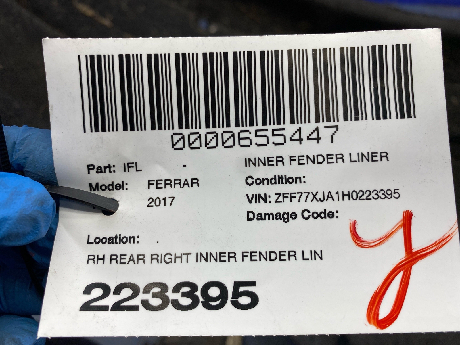 2012-2018 FERRARI CALIFORNIA REAR RIGHT INNER FENDER LINER SPLASH SHIELD TRIM