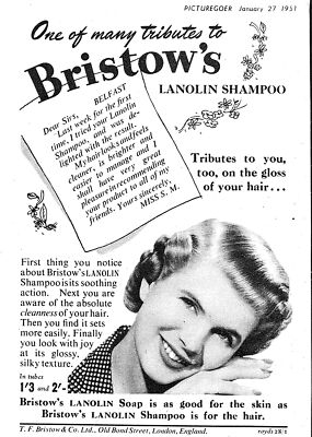 1951 Anzeige BRISTOW'S Lanolin Haarshampoo #5 klein Original Toilettenartikel Druckanzeige