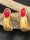 Vtg Napier AD WORLDLIER 80s Ruby Red Cabochon Gold Dangle Earrings  — photo 1