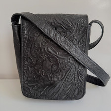 Vintage Black Tooled Leather Crossbody Bag Floral Western Boho Small Messenger
