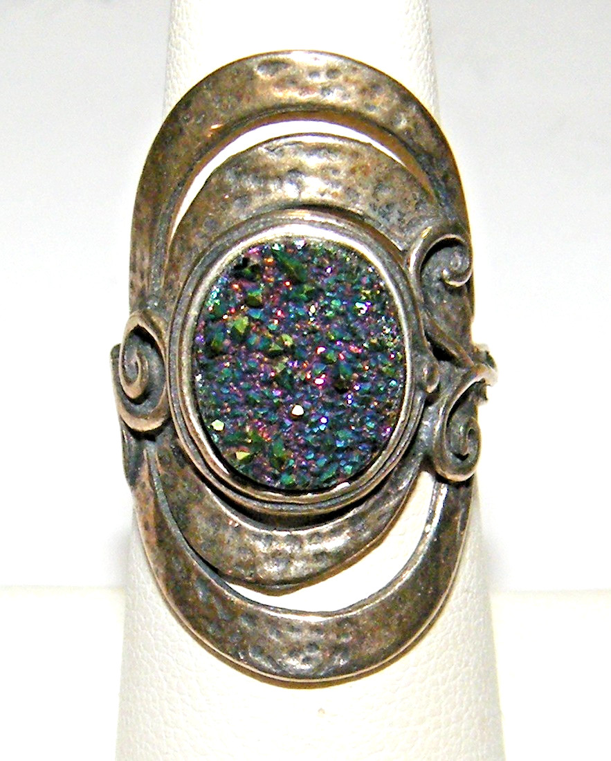 Or Paz Purple  Druzy Quartz Stone Hammered Sterling Silver Ring  Size 7