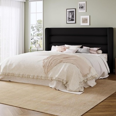 Queen Size Platform Bed Frame with Velvet Upholstered Wingback Headboard