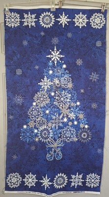 Stonehenge Starry Night Blue & Metallic Silver Christmas Tree Fabric Panel