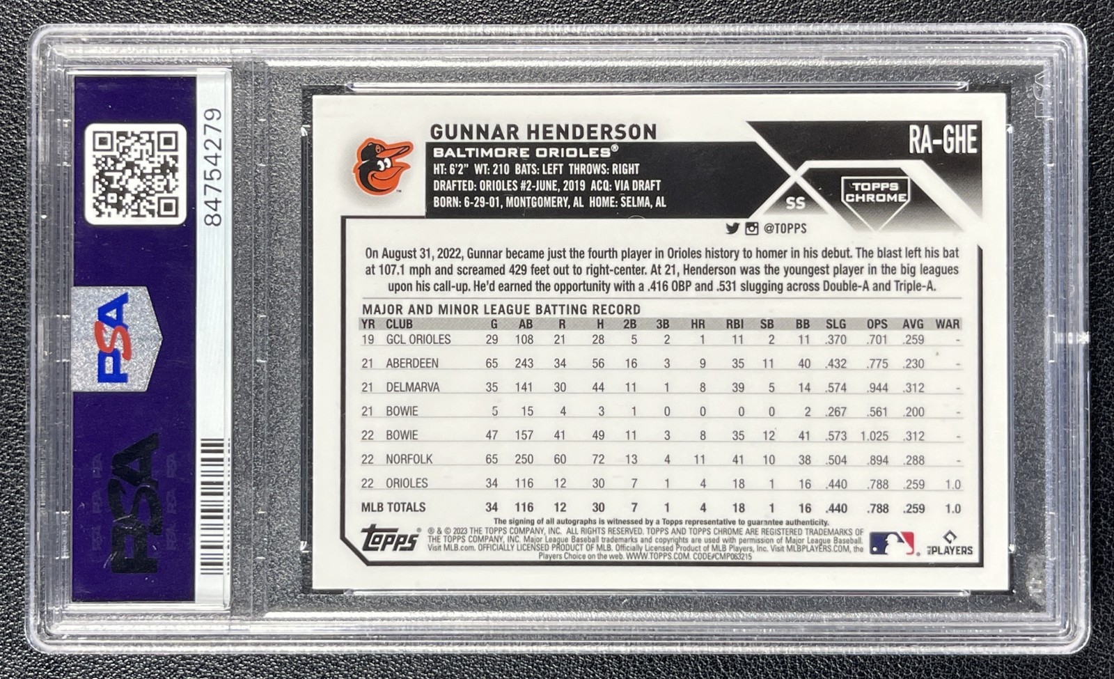 GUNNAR HENDERSON PSA 9 2023 TOPPS CHROME ROOKIE AUTO PURPLE REFRACTOR RC 157/250 view 2