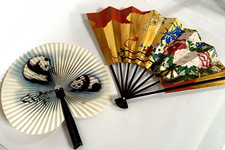 Pair Vtg Paper Folding Fans Japan Tourist Large Gold Floral and Small w-Pandas