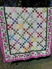 Handmade Patchwork Quilt Multicolor Squares Pink Floral Border Cotton