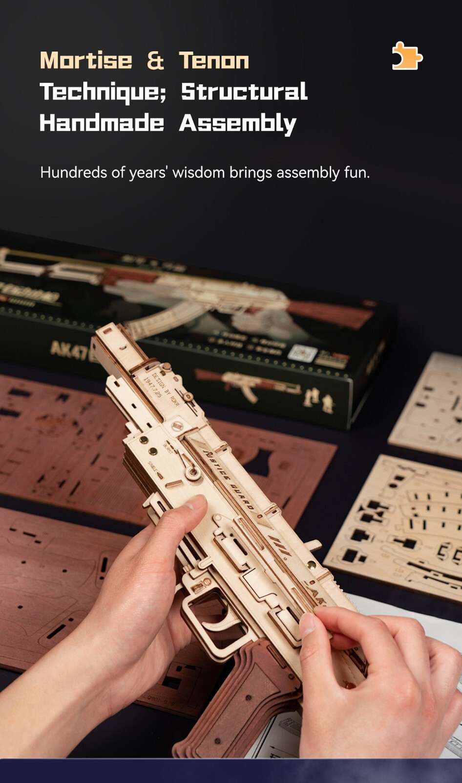 ROKR 3D Wooden Puzzle AK-47 Automatic Rifle Gun DIY Teens Gift LQ901 Location：US