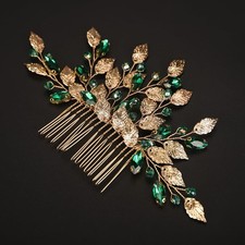 Green Crystal Gold Leaf Hair Comb for Women Girls Wedding Bridal Hair Accesso...
