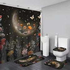 4Pcs Moon Shower Curtain Set Black Shower Curtain and Rug Set Colorful Floral Ba