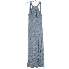 Lulus Maxi Dress Womens Small Dusty Blue Floral Lace Halter Slit Formal Wedding