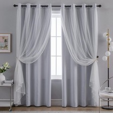 Home Curtains Blackout and Sheer Layered Solid Window Curtain Panel Pair with...