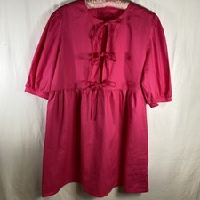 NWOT Womens Dress Tie Up Puff Sleeve Dress Crew Neck Loose Fit- Large, Pink