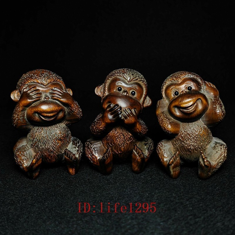 Size 2.5 Inch A set of 3 Pcs Old Boxwood Hand Carved Not to evil Monkey Statue