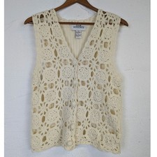 Vtg Crochet Vest Ivory White Floral Medium Boho Festival Granny Hippie Cottage