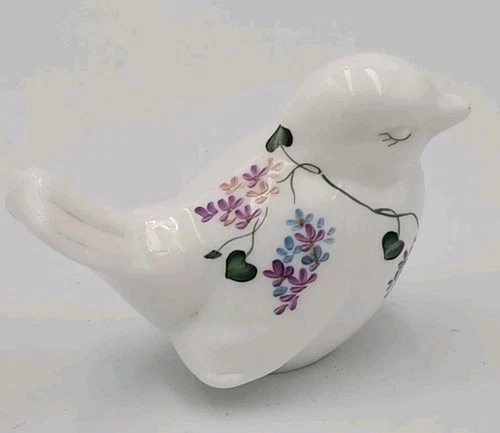 Fenton White Bird Purple Hand Painted Flowers Violets Signed Hayhurst