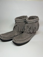 Minnetonka Fringe Concho Moccasins Zip Ankle Boot Suede Gray size 8 Excellent